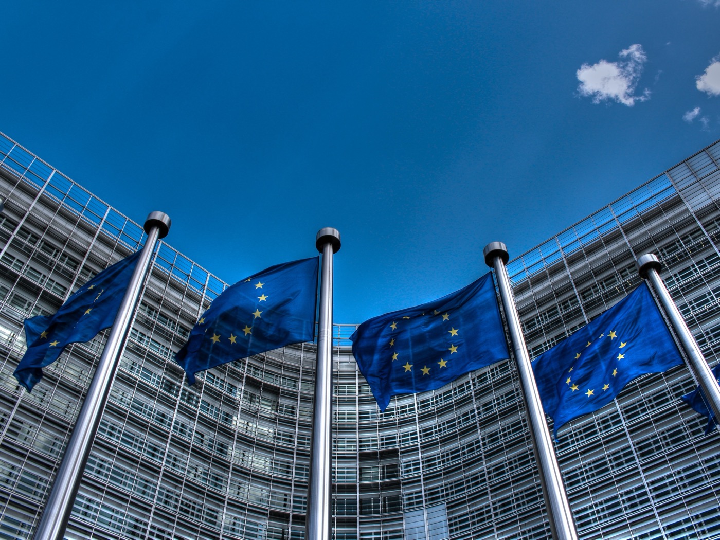 EU and national flags outside a European institutional complex.