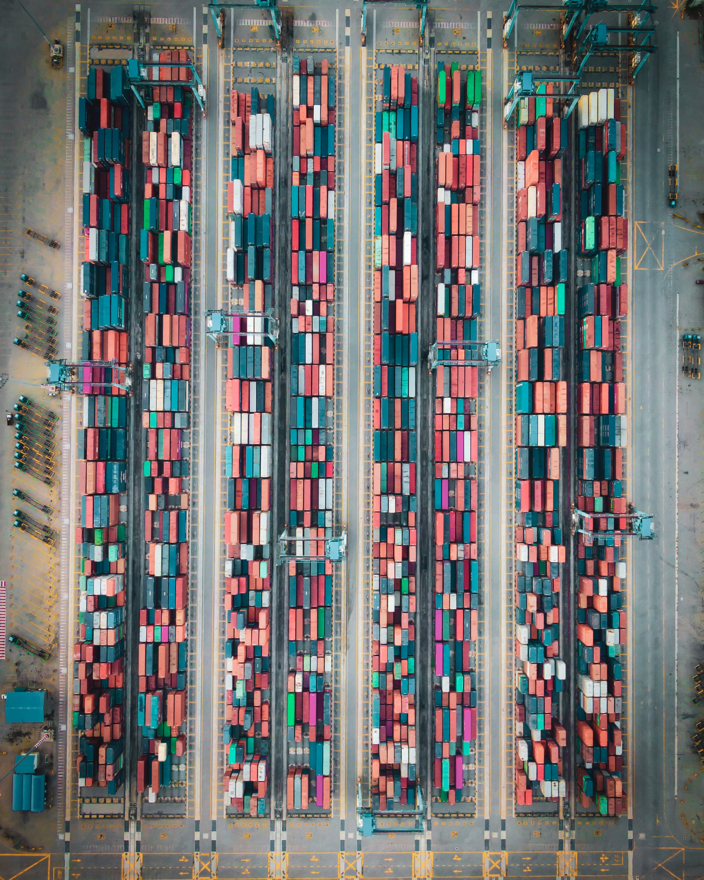 Aerial view of a high-capacity container logistics terminal.